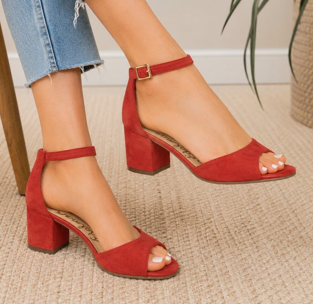 Sam Edelman Sz 6.5 Yaro Suede Ankle Strap Block Heels Sandals Spring Coral Red